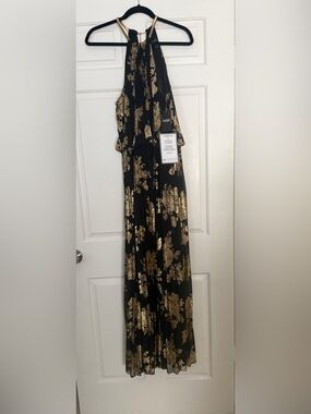 MSK Black Halter Jumpsuit with Gold Floral Foil